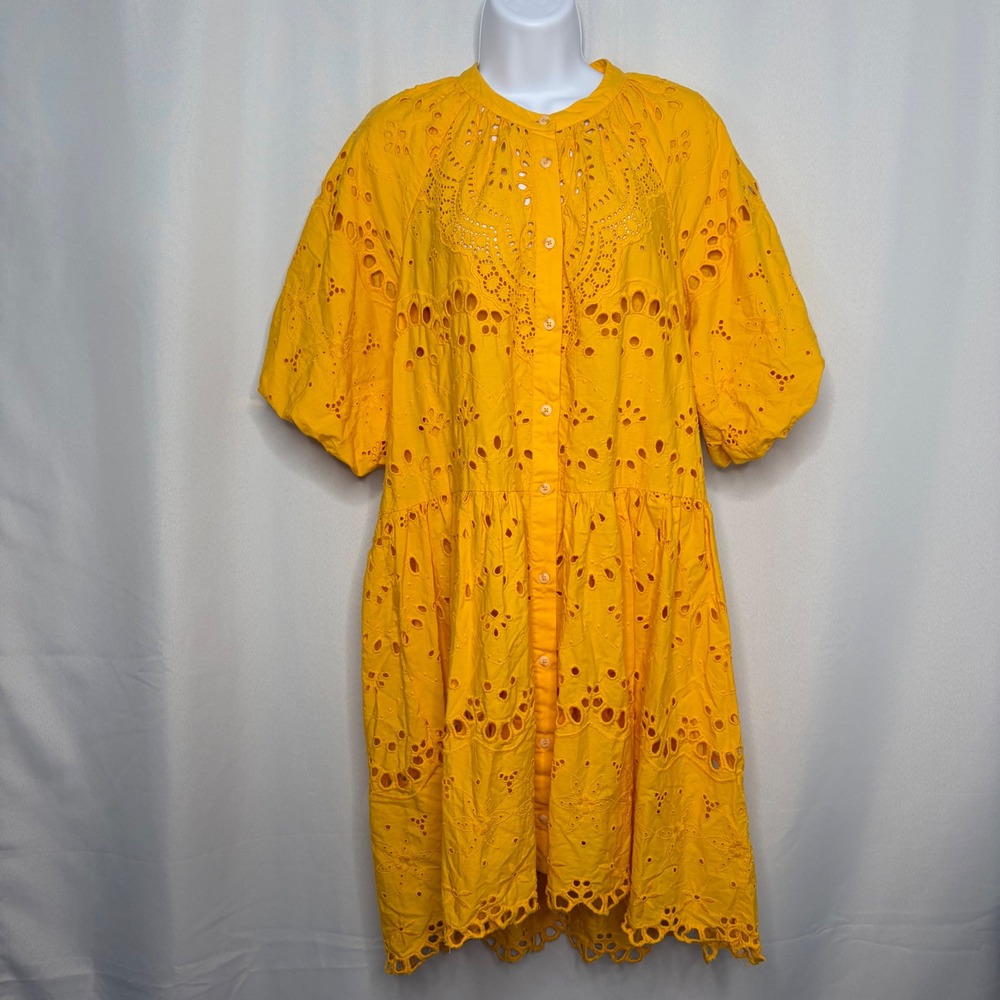 Anthropologie Yellow Eyelet Lace Tiered Midi Dress Puff Sleeve Button Front M - Picture 2 of 10